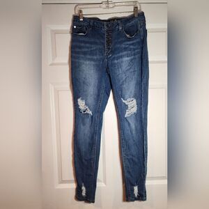 Indigo Rein Stretchy Blue Distressed Button Fly Skinny Jeans Size 13